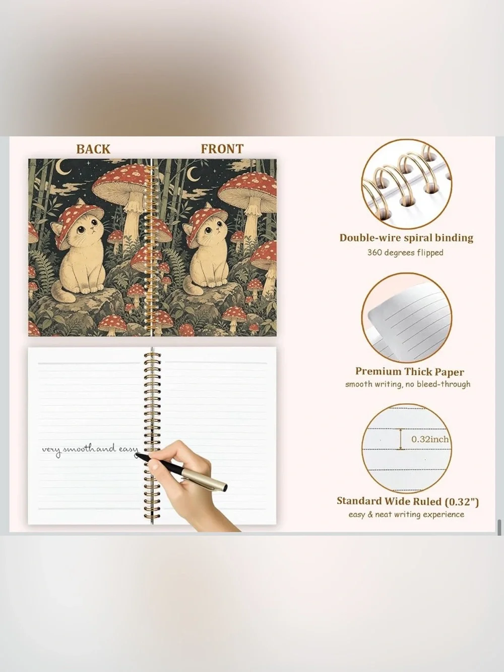 Whimsical Cat & Mushroom Spiral Journal, NWT